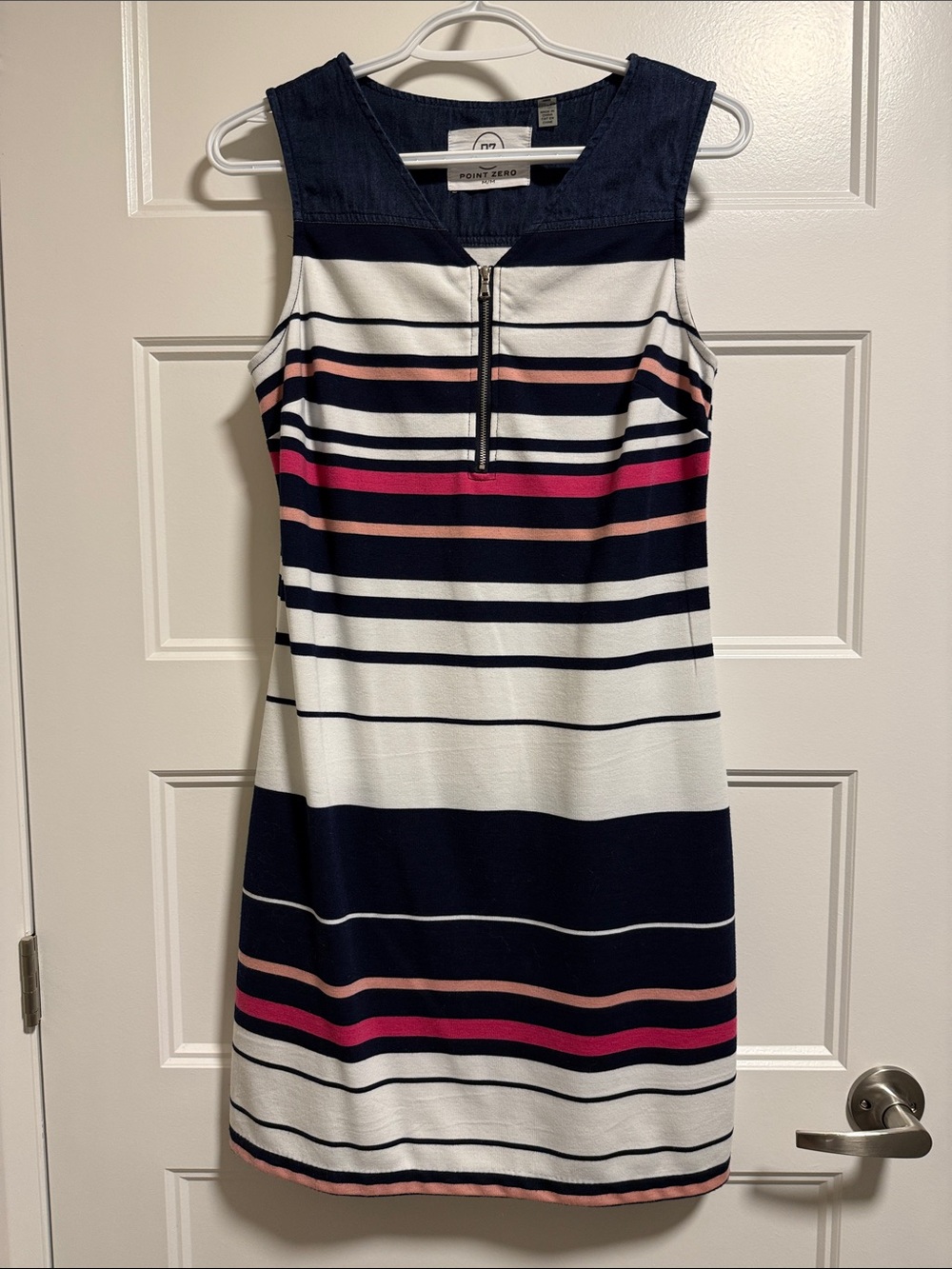 Point Zero Navy, White & Pink Striped Sleeveless Sheath Dress